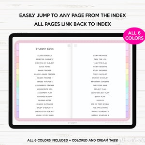 May include: A digital planner with a student index and a list of study topics. The planner has a pink and white cover and colorful tabs. The text "ALL 6 COLORS INCLUDED + COLORED AND CREAM TABS!" is at the bottom of the image.