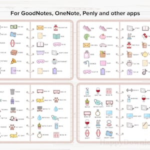 May include: A pink and white printable planner with a variety of icons for daily tasks and activities. The icons include running, studying, showering, eating, and more. The planner is designed for use with digital note-taking apps like GoodNotes, OneNote, and Penly.