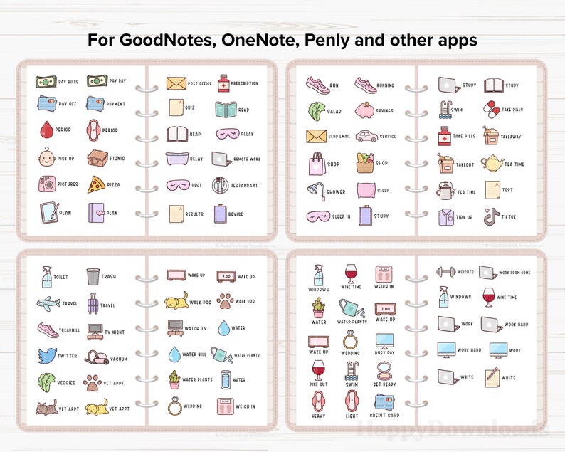 May include: A pink and white printable planner with a variety of icons for daily tasks and activities. The icons include running, studying, showering, eating, and more. The planner is designed for use with digital note-taking apps like GoodNotes, OneNote, and Penly.