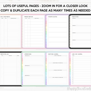 May include: Printable planner pages with a rainbow color scheme. The pages include sections for spa treatments, friends meetups, favorite quotes, meditations, a meditation log, affirmations, a gratitude journal, and a line a day journal.