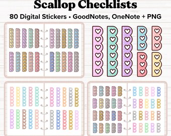 Scallop Heart Checklists Digital Stickers Pack, Checklist Stickers, Goodnotes Stickers, OneNote, Digital Planner Stickers, iPad Stickers PNG
