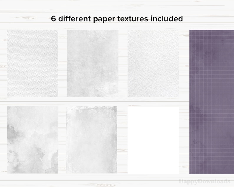 Op de afbeelding: Zes verschillende papiertexturen, waaronder wit, grijs en een paars rasterpatroon. De texturen worden weergegeven op een witte houten achtergrond.