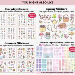 May include: Four digital sticker collections for GoodNotes and OneNote. The collections include everyday, spring, summer, and ultimate digital stickers. The ultimate collection includes 25,000 stickers in 50 colors. The stickers are colorful and feature a variety of designs, including flowers, animals, food, and more.