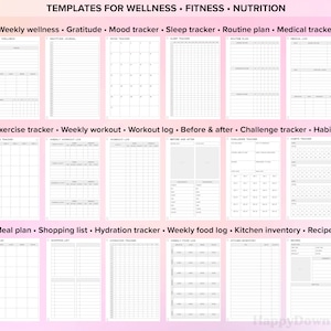 Pu&ograve; includere: Una raccolta di modelli stampabili per benessere, fitness e nutrizione. I modelli includono tracker per il benessere settimanale, l'umore, il sonno, l'esercizio fisico e la pianificazione dei pasti. L'immagine presenta una variet&agrave; di layout con spazio per note.