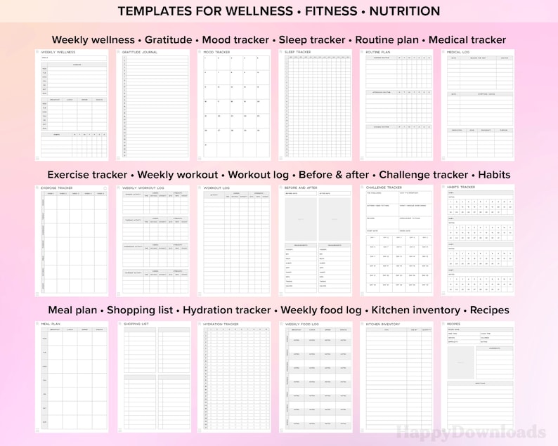 Pu&ograve; includere: Una raccolta di modelli stampabili per benessere, fitness e nutrizione. I modelli includono tracker per il benessere settimanale, l'umore, il sonno, l'esercizio fisico e la pianificazione dei pasti. L'immagine presenta una variet&agrave; di layout con spazio per note.