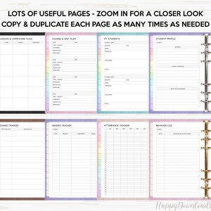 May include: A set of printable teacher planner pages with colorful borders. The pages include sections for lesson and homework plans, course and unit plans, student profiles, exams, grades, attendance, and behavior logs.