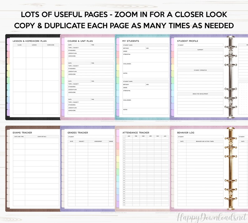 May include: A set of printable teacher planner pages with colorful borders. The pages include sections for lesson and homework plans, course and unit plans, student profiles, exams, grades, attendance, and behavior logs.