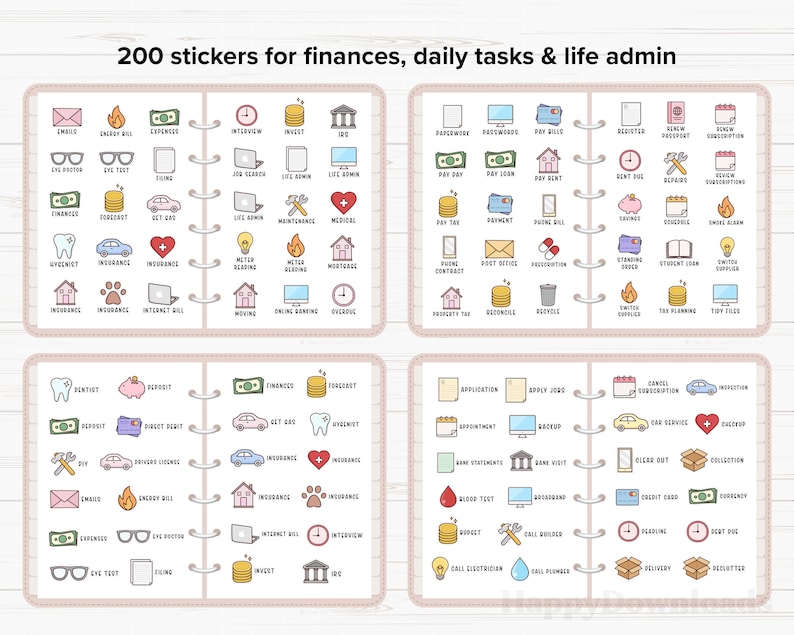 May include: A set of 200 stickers featuring colourful illustrations of various daily tasks and life admin activities. The stickers are organised into categories such as finances, daily tasks, and life admin. The stickers are perfect for planners, journals, and other organisational tools.