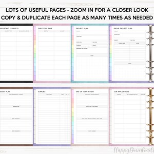 May include: A set of printable planner pages with colorful borders. The pages include sections for important concepts, questions bank, project plan, group project plan, essay plan, supplies, end of term review, and job applications.