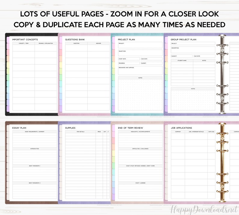 May include: A set of printable planner pages with colorful borders. The pages include sections for important concepts, questions bank, project plan, group project plan, essay plan, supplies, end of term review, and job applications.
