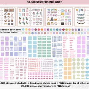 K&ouml;nnte beinhalten: Ein digitales Planer-Sticker-Paket mit 50.000 Stickern in verschiedenen Farben und Designs. Die Sticker umfassen eine Vielzahl von Formen, darunter Kreise, Quadrate, Rechtecke und Sterne. Die Sticker sind perfekt, um Ihrem digitalen Planer eine pers&ouml;nliche Note zu verleihen.