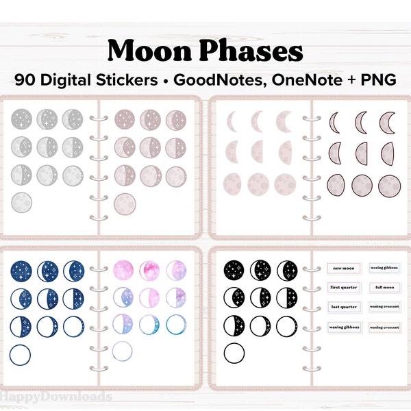 Moon Phases Digital Stickers, Moon Stickers, Goodnotes Stickers, OneNote Stickers, Digital Planner Stickers, Digital Journal Stickers, PNG
