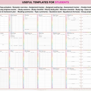May include: A set of 16 printable student planner templates with a pink background and rainbow accents. The templates include sections for class schedules, semester overviews, assignment trackers, study sessions, study checklists, hourly study plans, revision checklists, study logs, class notes, lesson and homework plans, reading summaries, topic summaries, questions banks, equations and formulas, and group project plans.