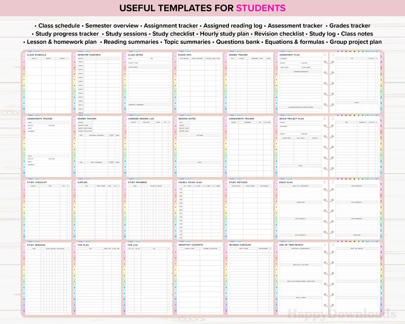 May include: A set of 16 printable student planner templates with a pink background and rainbow accents. The templates include sections for class schedules, semester overviews, assignment trackers, study sessions, study checklists, hourly study plans, revision checklists, study logs, class notes, lesson and homework plans, reading summaries, topic summaries, questions banks, equations and formulas, and group project plans.