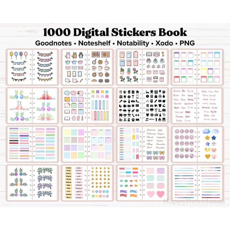 May include: A digital sticker book with 1000 stickers for Goodnotes, Noteshelf, Notability, and Xodo. The stickers are organized into categories such as flags, banners, flowers, notes, and more. The stickers are in a variety of colors and styles.