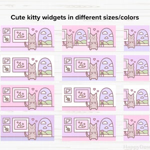 May include: Set of 12 cute kitty widgets in different sizes and colors. Each widget features a cartoon cat with a moon and stars in a picture frame, a window with clouds and a flower pot, and pink hearts. The widgets are perfect for adding a touch of whimsy to your digital space.