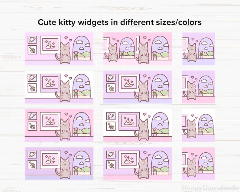 May include: Set of 12 cute kitty widgets in different sizes and colors. Each widget features a cartoon cat with a moon and stars in a picture frame, a window with clouds and a flower pot, and pink hearts. The widgets are perfect for adding a touch of whimsy to your digital space.
