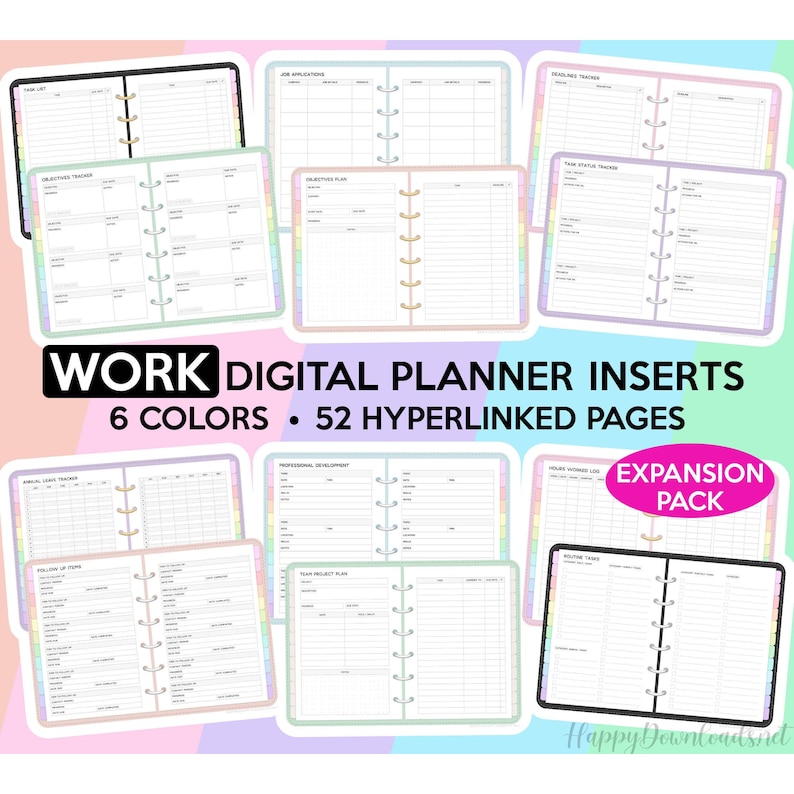 May include: Digital planner inserts for work with 6 different color options. The inserts include pages for job applications, objectives, annual leave tracking, professional development, team project plans, and more.  The pages are hyperlinked and there are 52 pages total.