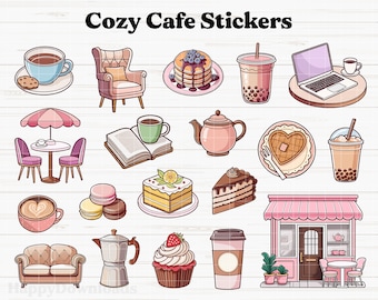 Puede incluir: Un conjunto de 16 pegatinas coloridas con diversas ilustraciones de temática de cafetería, que incluyen una taza de café, una tetera, un pastel, una magdalena, un sofá, una fachada de cafetería y un portátil. Las pegatinas son perfectas para añadir un toque de fantasía a tu agenda, portátil o botella de agua.