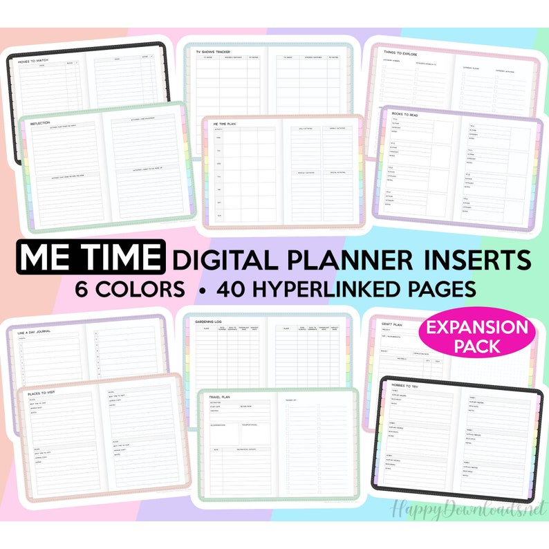 May include: Digital planner inserts with 40 hyperlinked pages in six colors. The pages are designed for a variety of uses, including a daily journal, gardening log, travel plan, and more. The pages are in a rainbow color scheme with a white background.