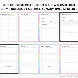 May include: A printable planner with pages for important concepts, questions bank, project plan, group project plan, essay plan, supplies, end of term review, and job applications. The pages are designed with a colorful rainbow theme.