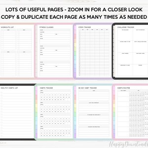 Puede incluir: P&aacute;ginas de planificador imprimibles con un esquema de color arco&iacute;ris pastel. Las p&aacute;ginas incluyen secciones para entrenamientos, clases de fitness, seguimiento de pasos, seguimiento de desaf&iacute;os, h&aacute;bitos saludables, seguimiento de h&aacute;bitos, seguimiento de h&aacute;bitos de 66 d&iacute;as y rutina de h&aacute;bitos.