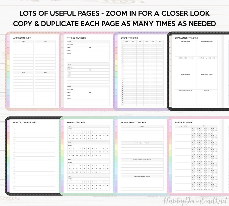 Puede incluir: P&aacute;ginas de planificador imprimibles con un esquema de color arco&iacute;ris pastel. Las p&aacute;ginas incluyen secciones para entrenamientos, clases de fitness, seguimiento de pasos, seguimiento de desaf&iacute;os, h&aacute;bitos saludables, seguimiento de h&aacute;bitos, seguimiento de h&aacute;bitos de 66 d&iacute;as y rutina de h&aacute;bitos.