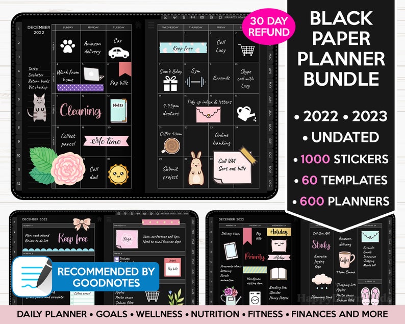 Black Paper Digital Planner 2022 2023 Undated Planners - Goodnotes Planner Xodo Notability Noteshelf - iPad & Android Planners 