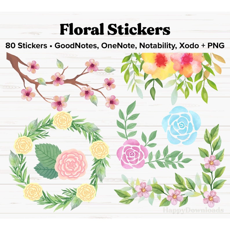 May include: A set of 80 floral stickers for digital note-taking apps like GoodNotes, OneNote, Notability, and Xodo. The stickers feature watercolor illustrations of pink, yellow, and blue flowers with green leaves.