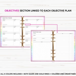 May include: A pink and white planner with gold rings. The planner has a section for "Objectives Tracker" and "Objectives Plan". The planner has a dotted pattern and a cream colored tab.