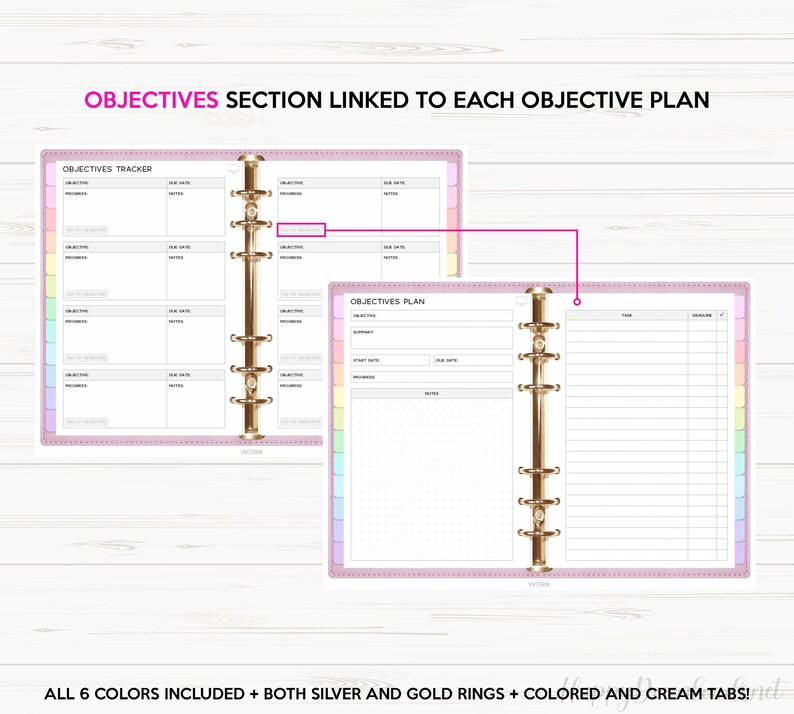 May include: A pink and white planner with gold rings. The planner has a section for "Objectives Tracker" and "Objectives Plan". The planner has a dotted pattern and a cream colored tab.