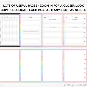May include: A printable planner with four pages: Anxiety Tracker, Worry Worksheet, Therapy Overview, and Therapy Notes. The pages are designed with pastel colors and a rainbow color scheme. The planner is designed for use with a disc-bound system.