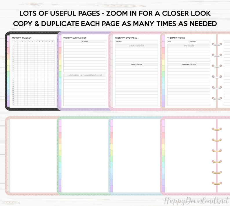 May include: A printable planner with four pages: Anxiety Tracker, Worry Worksheet, Therapy Overview, and Therapy Notes. The pages are designed with pastel colors and a rainbow color scheme. The planner is designed for use with a disc-bound system.