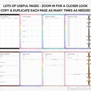 May include: Printable planner pages for students, teachers, or anyone who wants to stay organized. The pages include a class schedule, semester overview, overview by week, subject overview, subject plan, lesson plan, and lesson notes.