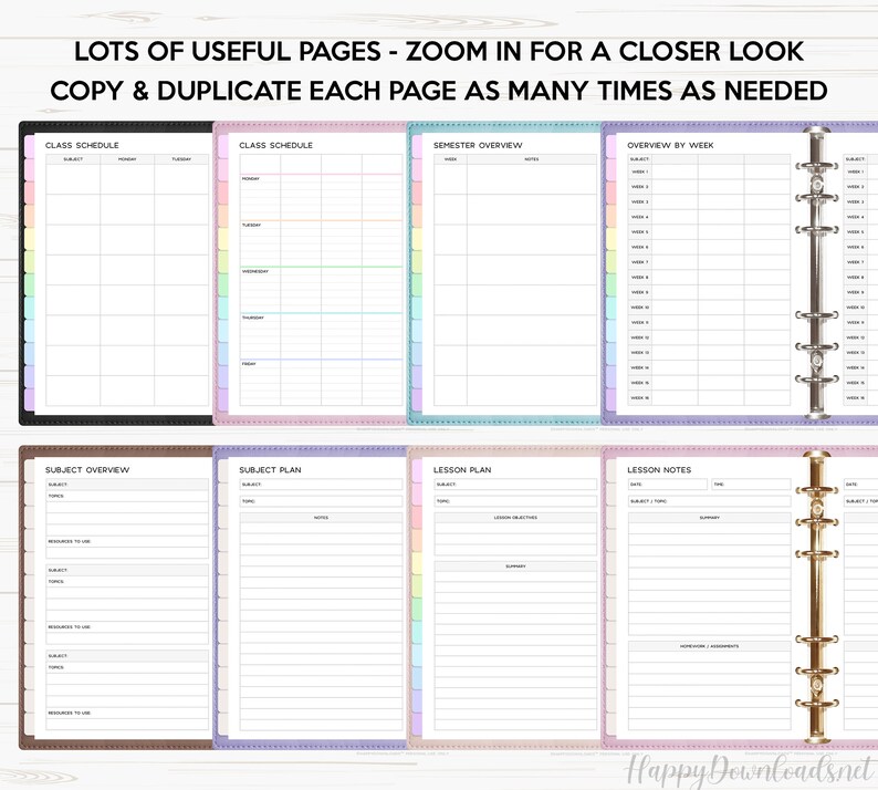 May include: Printable planner pages for students, teachers, or anyone who wants to stay organized. The pages include a class schedule, semester overview, overview by week, subject overview, subject plan, lesson plan, and lesson notes.