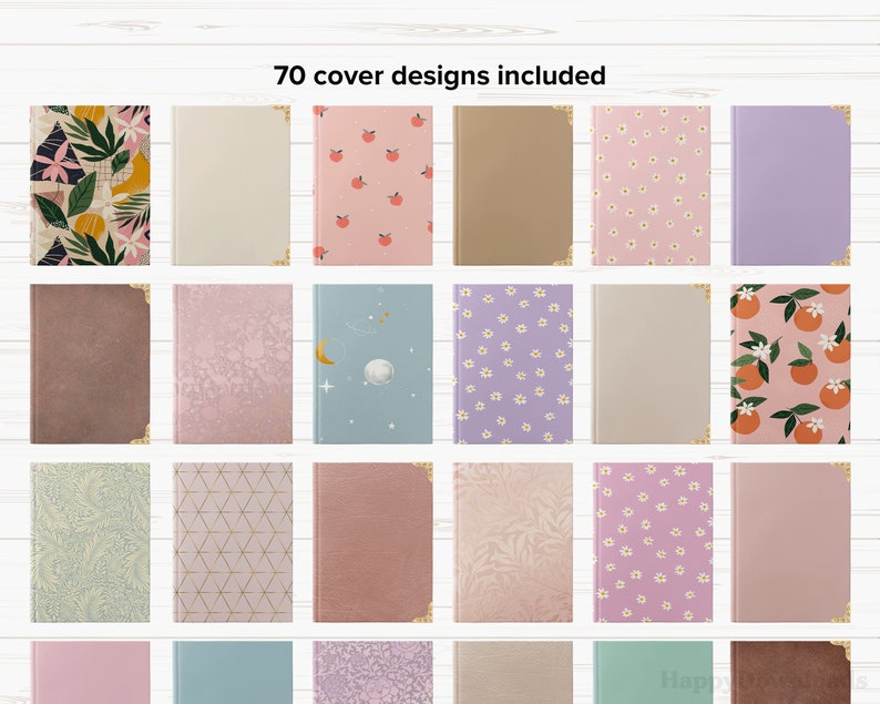 K&ouml;nnte beinhalten: 70 verschiedene Cover-Designs f&uuml;r Notizb&uuml;cher, Journale oder Planer. Die Cover zeigen eine Vielzahl von Mustern und Farben, darunter florale, geometrische und abstrakte Designs.