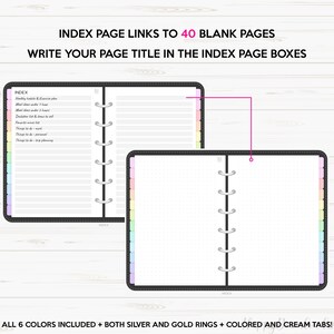 May include: A black planner with silver rings and colorful tabs. The planner has 40 blank pages and an index page with boxes to write page titles. The text "INDEX PAGE LINKS TO 40 BLANK PAGES" and "WRITE YOUR PAGE TITLE IN THE INDEX PAGE BOXES" is printed on the cover.