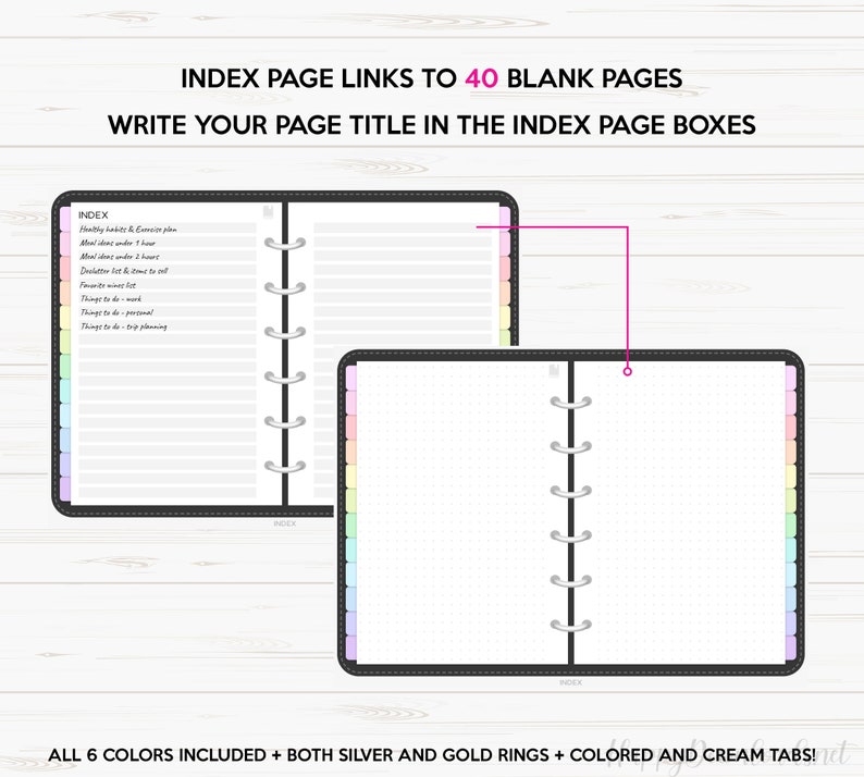 May include: A black planner with silver rings and colorful tabs. The planner has 40 blank pages and an index page with boxes to write page titles. The text "INDEX PAGE LINKS TO 40 BLANK PAGES" and "WRITE YOUR PAGE TITLE IN THE INDEX PAGE BOXES" is printed on the cover.