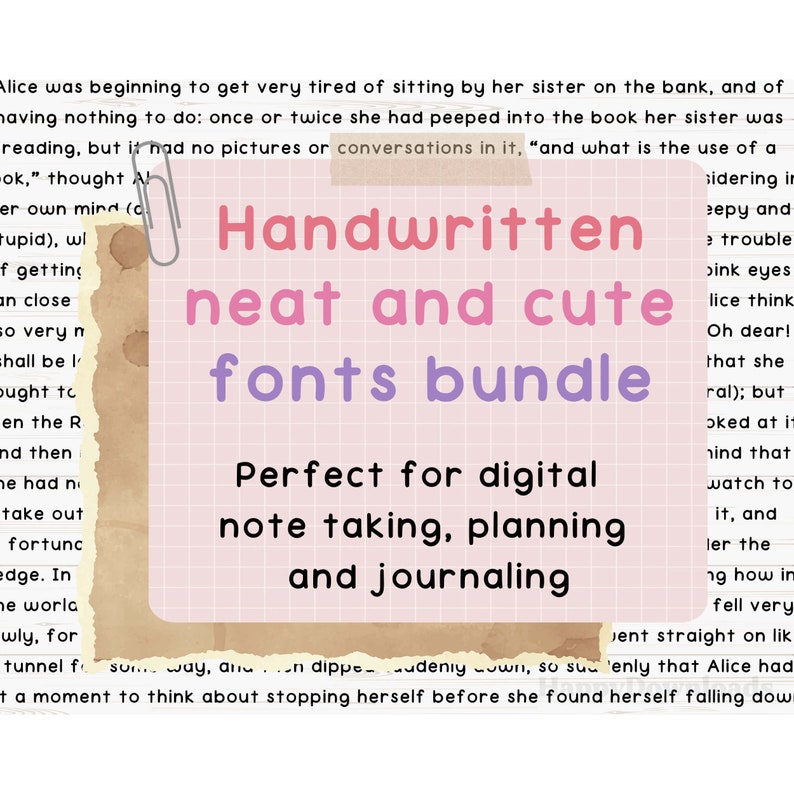 May include: A pink and purple graphic with the text "Handwritten neat and cute fonts bundle" and "Perfect for digital note taking, planning and journaling".