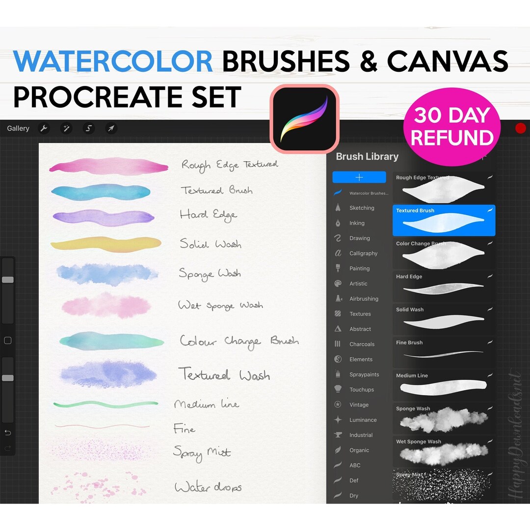 Procreate Watercolor Brushes Set With Watercolor Paper Texture Canvas ...