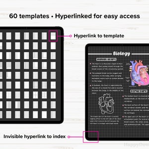 Op de afbeelding: Een digitale plannerpagina met een raster van 60 sjablonen voor het maken van aantekeningen. De sjablonen zijn hypergelinkt voor gemakkelijke toegang. De pagina bevat ook een diagram van het menselijk hart met labels voor de structuur en functie ervan. De tekst "Biologie" staat bovenaan de pagina.