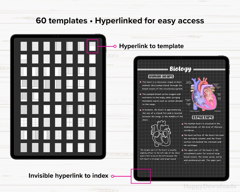 Op de afbeelding: Een digitale plannerpagina met een raster van 60 sjablonen voor het maken van aantekeningen. De sjablonen zijn hypergelinkt voor gemakkelijke toegang. De pagina bevat ook een diagram van het menselijk hart met labels voor de structuur en functie ervan. De tekst "Biologie" staat bovenaan de pagina.