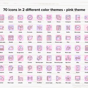 May include: A set of 70 pink and white icons representing popular apps and websites. The icons are arranged in a grid on a woodgrain background. The text "70 icons in 2 different color themes - pink theme" is at the top of the image.