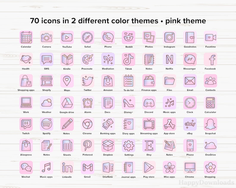 May include: A set of 70 pink and white icons representing popular apps and websites. The icons are arranged in a grid on a woodgrain background. The text "70 icons in 2 different color themes - pink theme" is at the top of the image.