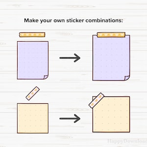May include: Illustration showing how to make sticker combinations. Two examples are shown. The first example shows a purple sheet of paper with a row of gold bow stickers on top. The second example shows a yellow sheet of paper with a gold bow sticker on the top right corner.