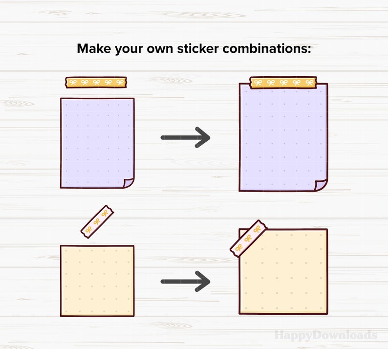 May include: Illustration showing how to make sticker combinations. Two examples are shown. The first example shows a purple sheet of paper with a row of gold bow stickers on top. The second example shows a yellow sheet of paper with a gold bow sticker on the top right corner.