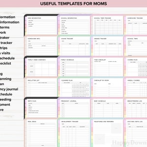 May include: A printable set of planner pages for moms, with a pastel color scheme and black borders. The pages include sections for kids information, school information, homework, exams, grades, school trips, doctor visits, family schedule, task checklist, chores, cleaning, meal planning, birth plan, pregnancy journal, baby schedule, breastfeeding, development, and more.