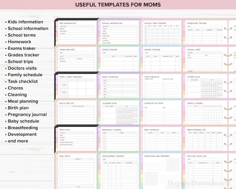 May include: A printable set of planner pages for moms, with a pastel color scheme and black borders. The pages include sections for kids information, school information, homework, exams, grades, school trips, doctor visits, family schedule, task checklist, chores, cleaning, meal planning, birth plan, pregnancy journal, baby schedule, breastfeeding, development, and more.
