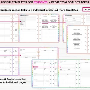 May include: A digital planner template for students with sections for subjects, goals, projects, and assignments. The template includes a subject overview, assignment tracker, goal plan, project tracker, and project plan. The template is designed to help students stay organized and on track with their studies.