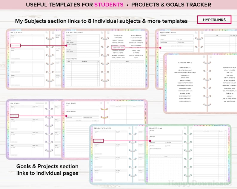 May include: A digital planner template for students with sections for subjects, goals, projects, and assignments. The template includes a subject overview, assignment tracker, goal plan, project tracker, and project plan. The template is designed to help students stay organized and on track with their studies.